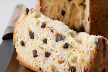 Christmas cake panettone on marble background. Close up