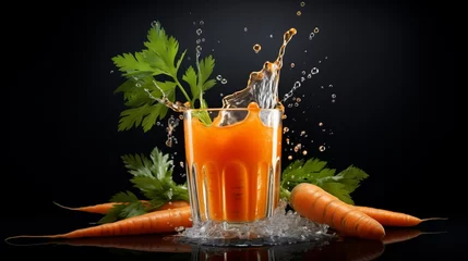 Zelfklevend Fotobehang Food photography background  - Healthy carrot juice in glass with splashes and carrots vegetables on dark table (Generative Ai) © Corri Seizinger