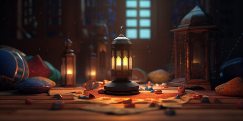 Fototapeta na wymiar Ramadan festival lantern and props on the floor background. Culture and religion concept. Digital art illustration