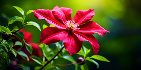 Bright crimson red large clematis flower on a background of foliage in garden  A Guide to Creating a Beautiful Garden Ai Generative 