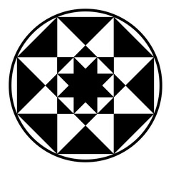Regular octagram symbols in a circle frame. Small star polygon in a big one, each with eight vertices, enclosed by a circular border. Modeled on a crop circle pattern found near Winchester, Hampshire.