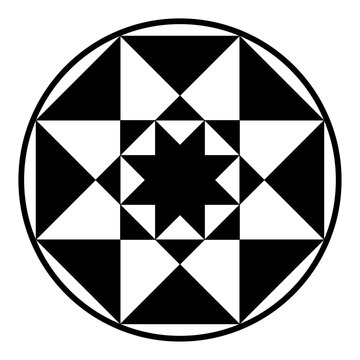 Regular octagram symbols in a circle frame. Small star polygon in a big one, each with eight vertices, enclosed by a circular border. Modeled on a crop circle pattern found near Winchester, Hampshire.