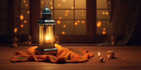 Ramadan festival lantern and props on the floor background. Culture and religion concept. Digital art illustration