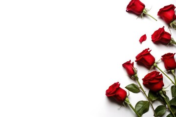 A luxurious background with deep red roses green leaves arranged in right and left side the image