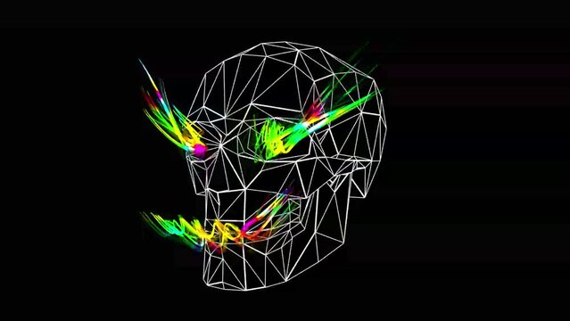 Low poly skull with neon smile, repetitive motion animation, isolated on black, 4K graphic animation