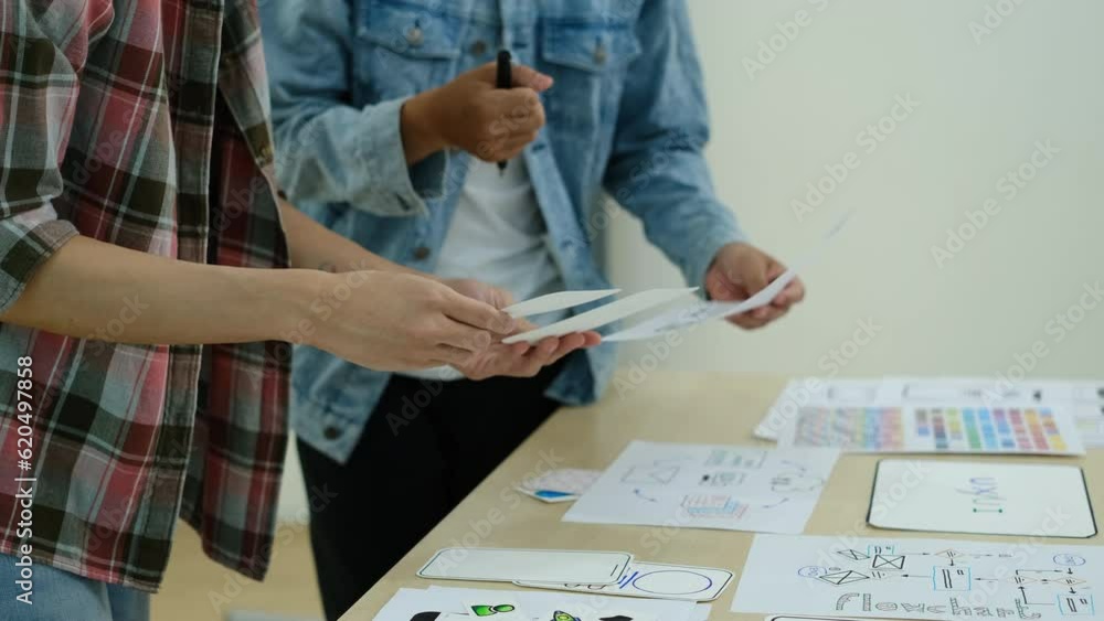 Aufkleber creative designers are planning mobile app development prototype wireframe design on table during me