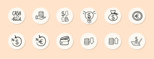 Cashback line icon. Money, discounts, bonuses, savings, dollars, euros, bitcoin. Pastel color background. Vector line icon for business