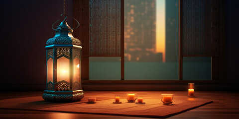 Ramadan festival lantern and props on the floor background. Culture and religion concept. Digital art illustration
