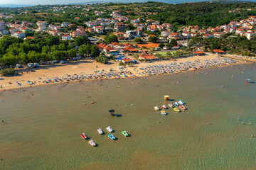 Aerial view of Rajska plaza (The Paradise Beach) on Rab Island, Croatia - obrazy, fototapety, plakaty