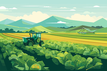 Agriculture, tractors and harvester working in the field, harvesting, sunny day, vector flat illustration. - obrazy, fototapety, plakaty
