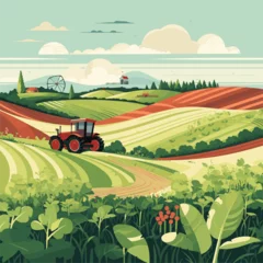 Fototapete Pistache Agriculture, tractors and harvester working in the field, harvesting, sunny day, vector flat illustration.