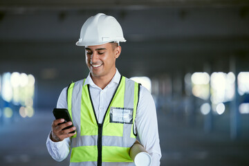 Architecture, phone and happy man with blueprint, reading email or social media at construction...