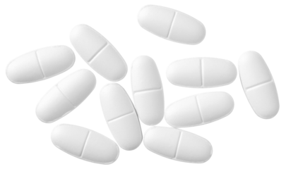 White oval pills isolated on white background, top view.