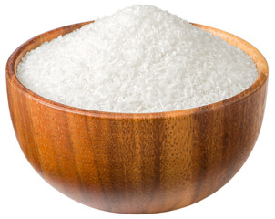Shredded coconut in the wooden bowl, isolated on white background.