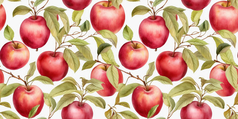 Watercolor illustration: seamless pattern of apples on the branches. AI