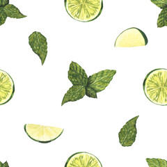 Watercolor seamless pattern mint leaves and lime. Hand-drawn illustration isolated on white background. Concept for fabric print, label, banner, menu, flyer, brochure template