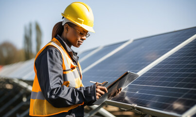 Fototapeta solar technician skilled worker in renewable energy solar farm jobs - ai generative obraz