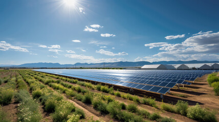 farm grows crops alongside solar harvesting system for renewable energy resource - ai generative
