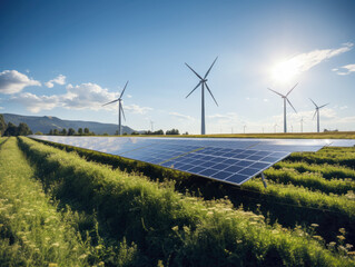 renewable energy farm with solar panels wind turbines in field - ai generative - 620500061