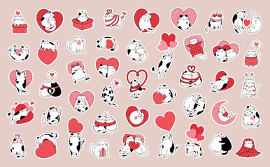 Set of stickers with cute cats in love. Hand drawn collection badges with funny kittens.