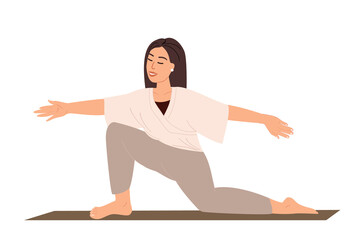 Young female Character Stretching,standing on knee,Realxing in Engage Yoga Practice Isolated on white background.Female Calmimg,Meditating,Practising Asana.Training Class. People Vector Illustration