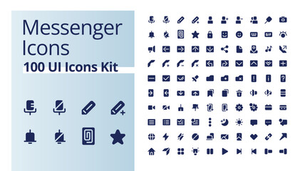 Messenger application black glyph ui icons kit. Online interaction. Silhouette symbols on white space. Solid pictograms for web, mobile. Isolated vector illustrations. Poppins font used