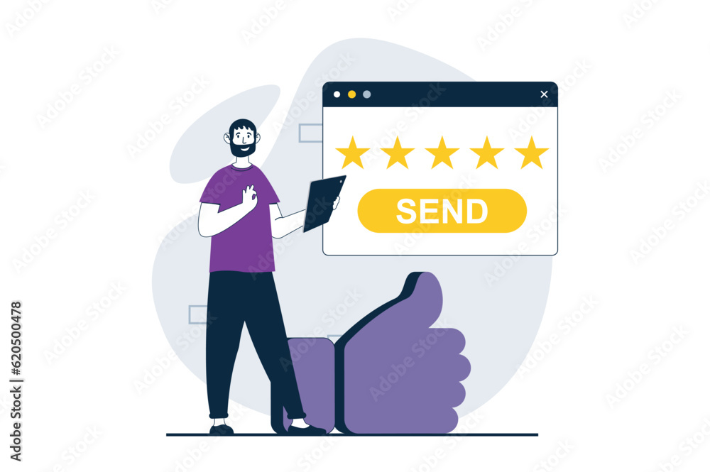 Poster feedback page concept with people scene in flat design for web. man sending client experience review