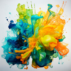 Abstract explosion of colors in paint splashes, isolated on white. Mixed liquid vivid flow, curved dynamic fluid for creative background - Generative AI