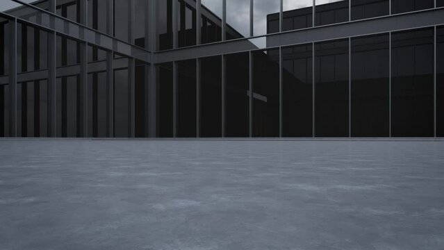 3d render of modern glass architecture entrance with empty concrete floor. Scene for car presentation.