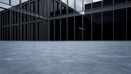 3d render of modern glass architecture entrance with empty concrete floor. Scene for car presentation.