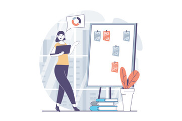 Focus group concept with people scene in flat design for web. Woman working with notes, planning strategy for business promotion. Vector illustration for social media banner, marketing material.