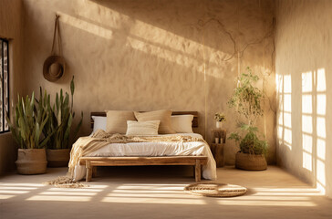 Interior of modern bedroom with wooden bed, pillows and plants