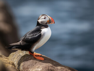 puffin perched on a rocky outcrop by the sea, preparing to catch fish. Generative AI