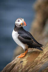 Obraz premium puffin perched on a rocky outcrop by the sea, preparing to catch fish. Generative AI