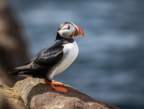 puffin perched on a rocky outcrop by the sea, preparing to catch fish. Generative AI