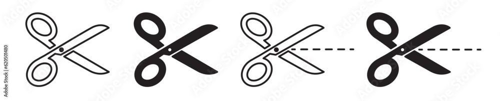 Sticker scissor line icon set. coupon dotted cutout scissor vector symbol. paper dash cut mark.