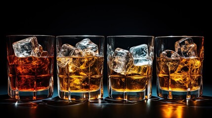 Set of four glasses for alcoholic drinks on black background - obrazy, fototapety, plakaty