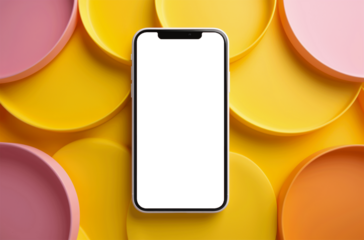 Smartphone with blank screen on colorful circle background. 3d illustration
