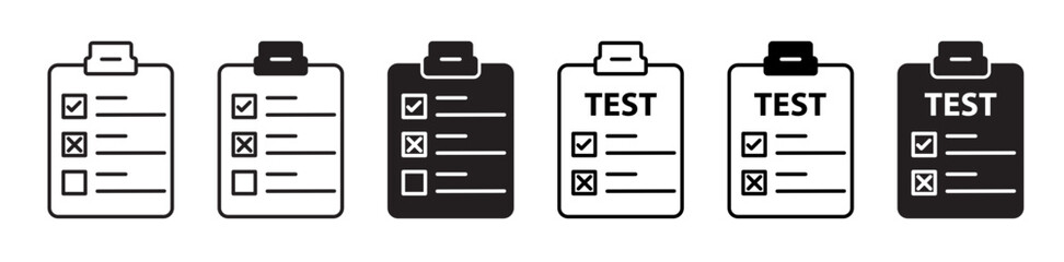 Test icon set. Task paper with tick sign. Regulatory compliance contract document symbol. Standard rule compliant paper sign. Lab report result line icon set. Notepad with test paper. 