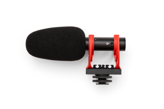 On Camera Hotshoe Mount Microphone with Windscreen and Shock Mount Isolated with Shadow