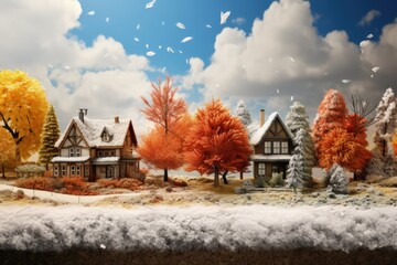Depiction of all four seasons occurring in a small vill 