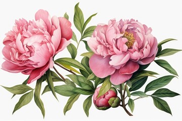  Watercolor peony flowers and green leaves separated Generative AI
