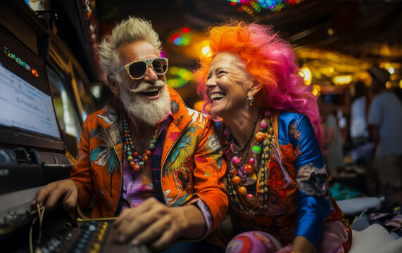 Elderly man and woman in colorful casino room surrounded by machines and colorful lights. grey hair and colorful hair, pink, orange and  sunglasses,  euphoric retirement.