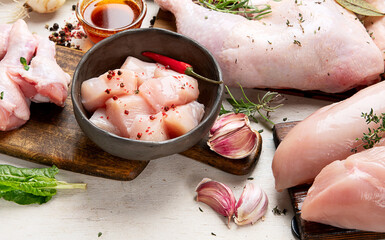 Various raw chicken meat portions.