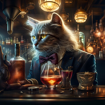 Cat Bartender serving a glass of an alcohol drick at the bar counter. Amazing digital illustration. CG Artwork Background