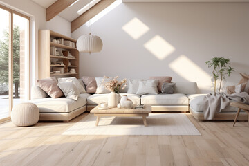 Living room interior with sofa and coffee table. 3d render.