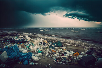 Desolate Beach Covered in Piles of Plastic Waste. Generative AI