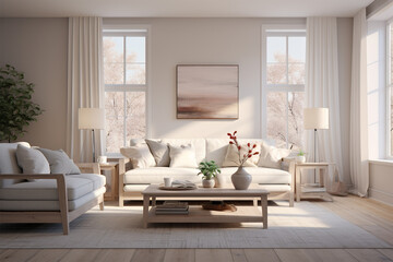 Living room interior with sofa and coffee table. 3d render.