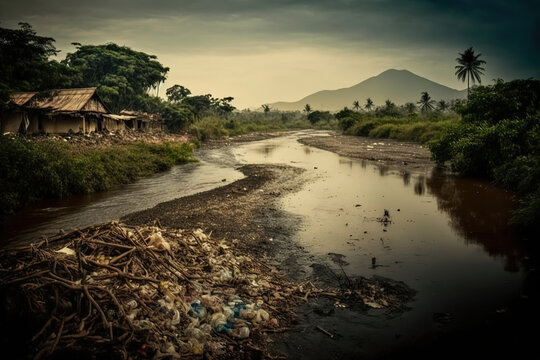 Garbage Mountain With Plastic Waste in an Indonesian River. Generative AI
