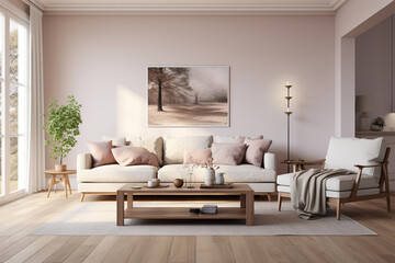 Fototapeta na wymiar Living room interior with sofa and coffee table. 3d render.